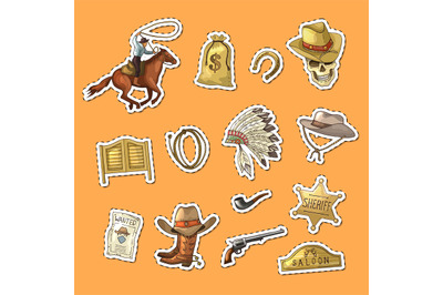 Vector hand drawn wild west cowboy stickers set illustration