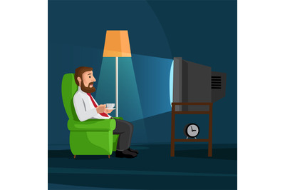 Cartoon man on sofa watches TV