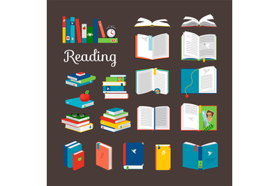 Reading book vector cartoon icons set