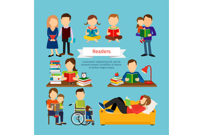 People characters reading book or magazines