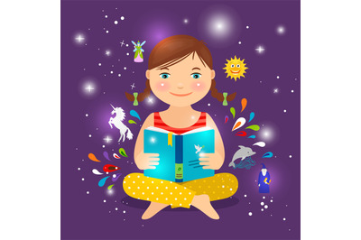 Cute girl reading book about magic