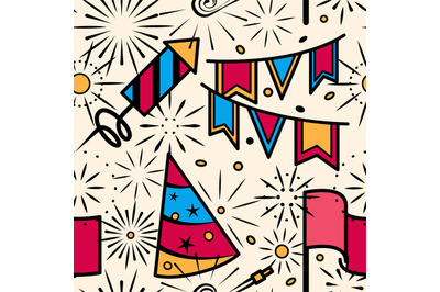 Party celebration with fireworks seamless pattern