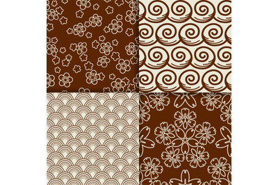 Brown and white sakura flowers pattern set