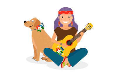 Hippie Girl with Guitar and Dog