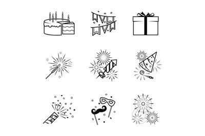 Birthday party celebration fireworks icons set