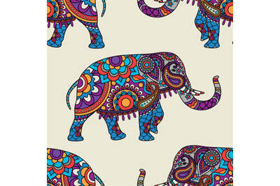 Doodle indian elephant seamless pattern