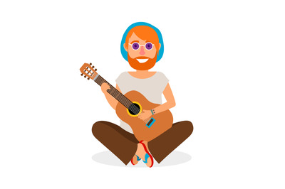 Hippie Man with Guitar vector icon