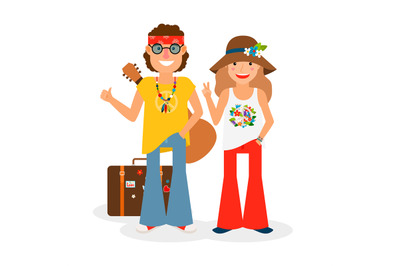 Hippie Couple Hitchhiking Vector Illustration