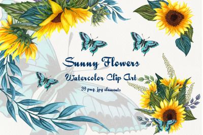 Sunny Flowers Watercolor Clip Art