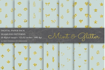 Mint Glitter Digital Papers, Geometric Pattern.