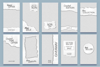 Torn paper stories template. Paper scraps social media story posts bra