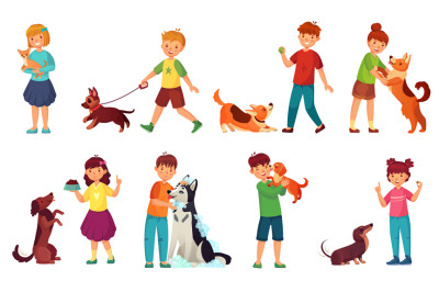 Kids playing with dogs. Child feeding dog, pet animals care and kid wa