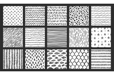 Hand drawn seamless textures. Sketch pattern, scribble doodle texture