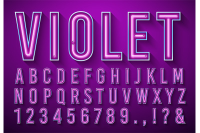 Bright neon letters. Violet glowing font, light box alphabet and neons