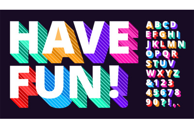 Colorful modern font. Striped 3d alphabet, funny lettering type and ar