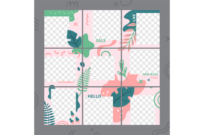 Floral puzzle template. Social media photo frames post trends, garden