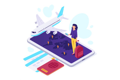 Isometric airplane travel. Traveler suitcase&2C; airplane travels and tra