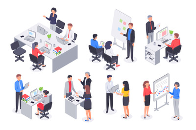 Isometric business office team. Corporate teamwork meeting, employee w