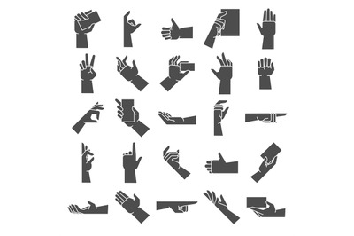 Hand gesture silhouette. Pointing hand gesture, giving handful and hol