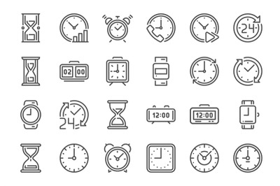 Outline clock icons. Line time, 24 hours clocks and hourglass icon vec