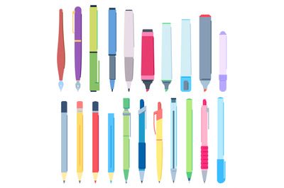 Cartoon pens and pencils. Writing pen, drawing pencil and highlighter