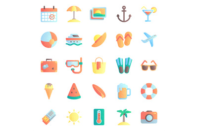 Summer flat icons. Summertime vacation, beach umbrella and sunglasses.