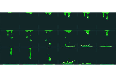 Dripping green slime animation. Cartoon animated toxic waste liquid. A