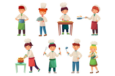 Cartoon children cooks. Little chief cook, child cooking food and youn