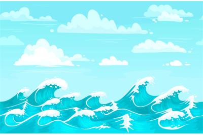 Ocean waves backdrop. Sea water, storm wave and aqua seamless cartoon