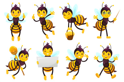 Cartoon bee mascot. Cute honeybee, flying bees and happy funny yellow