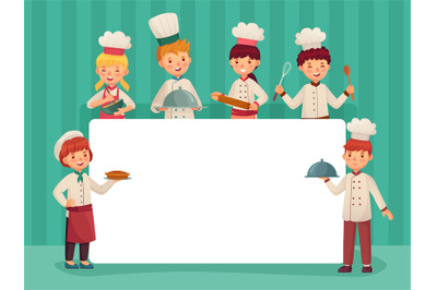 Kids chefs frame. Children cooks, little chef cooking food and restaur