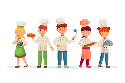 Young chefs. Happy children cooks, kids cooking and baking in chef cos