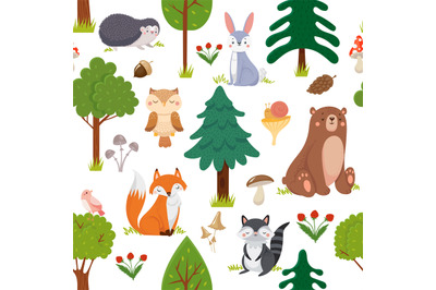 Seamless woodland animals pattern. Summer forest cute wildlife animal