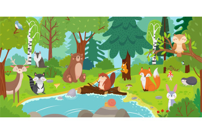 Cartoon forest animals. Wild bear, funny squirrel and cute birds on fo