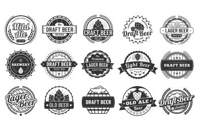 Brewery beer badges. Craft beers emblems, hop lager and pub hops badge