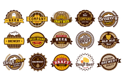 Beer label badges. Retro beers brewery, lager bottle badge and vintage