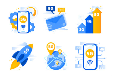 Network 5g. Fifth generation telecommunications&2C; fast internet connect