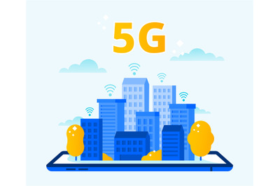 Network 5G coverage. City wireless internet&2C; fifth generation networks