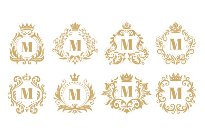 Luxury monogram. Vintage crown logo&2C; golden ornamental monograms and h