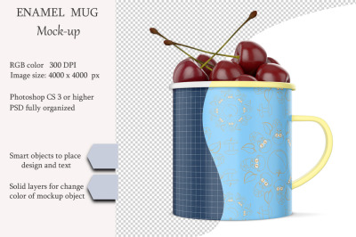Enamel mug mockup. Product place. PSD object mockup.