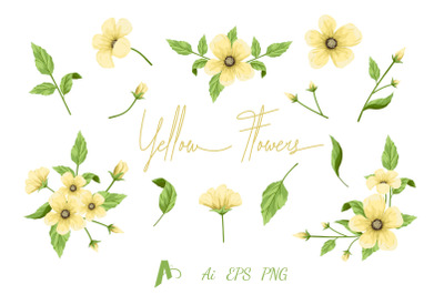 Flowers Clipart, Yellow Flowers Set, Floral Design Elements.