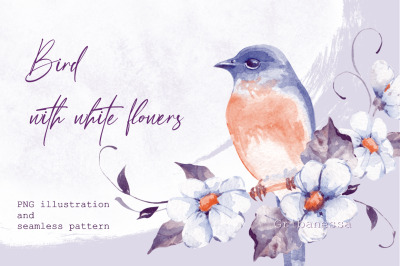 Watercolor bird clipart and floral pattern