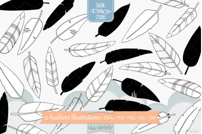 Hand Drawn Feathers | Bird Feathers Tattoo | Boho Aztec Decor