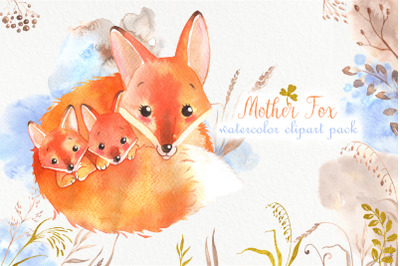 Cute watercolor foxes family pack