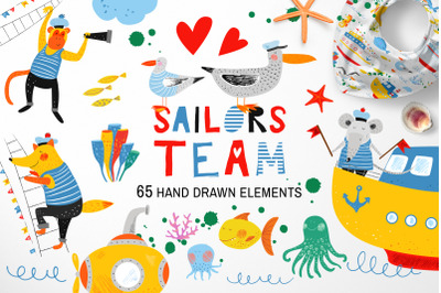 Sailors team. Sea ships and animals.