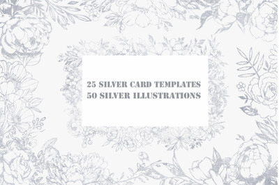 Card templates and floral illustrations in silver