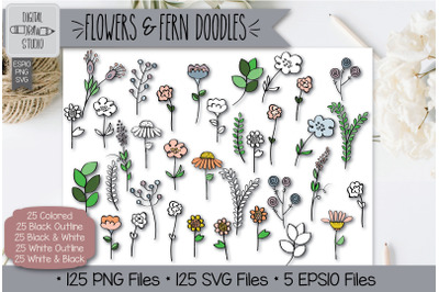 Download 125 Flowers And Ferns Doodles Hand Drawn Illustrations Bundle Free Svg Files For Cricut Halloween