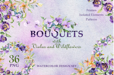 Bouquets with violas and wildflowers Watercolor png