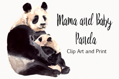 Mother and Baby Panda - Watercolor Print and Clip Art