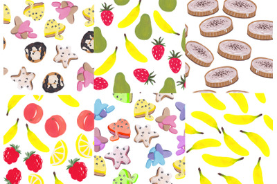 Seamless cake fruits cookies patterns